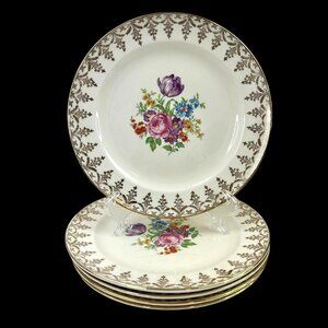 Edwin M. Knowles China 5 Salad Plates Semi Vitreous Floral Center Gold Trim 7.5"